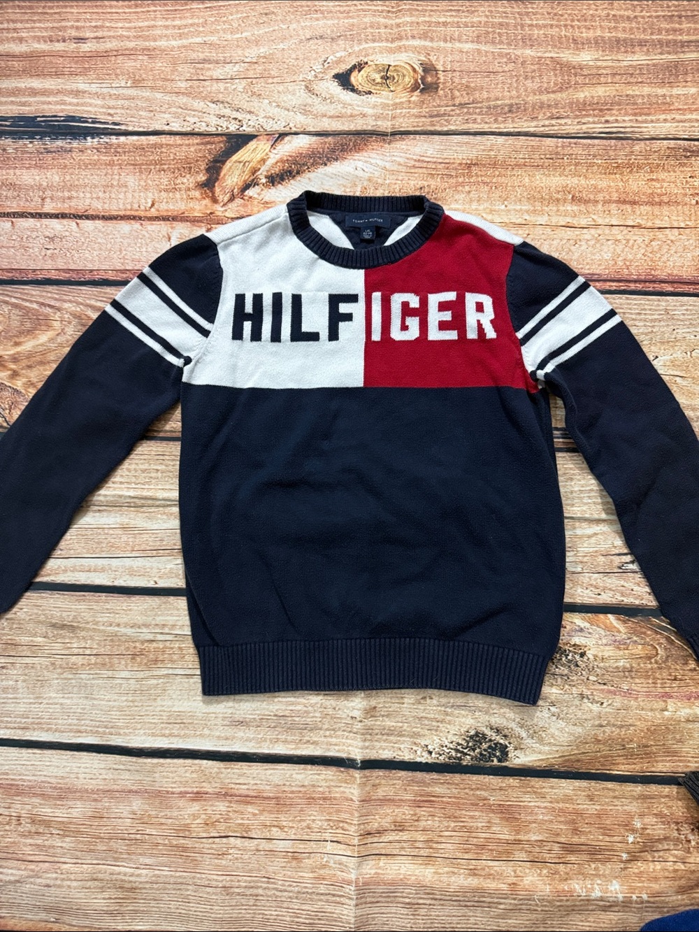 Tommy Hilfiger Navy, White & Red Block Logo Pullover Sweater